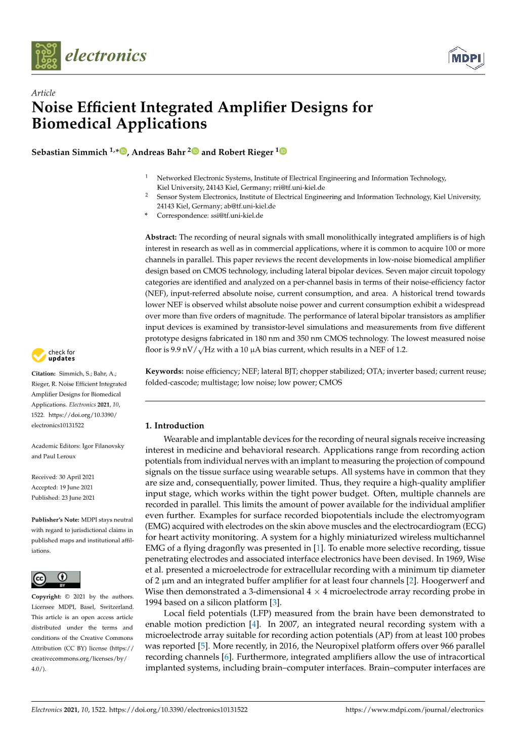 Noise Efficient Integrated Amplifier Designs for Biomedical Applications