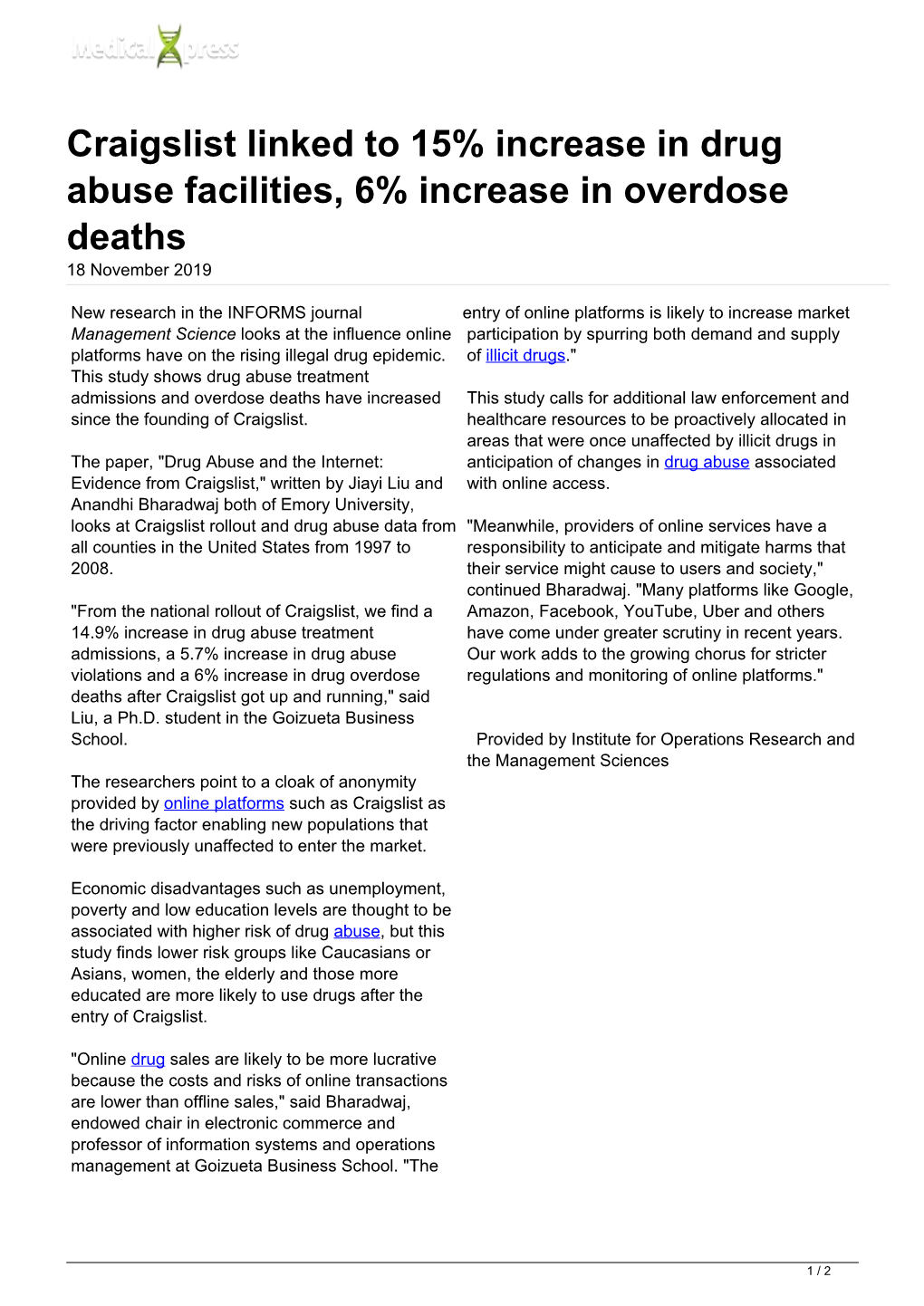Craigslist Linked to 15% Increase in Drug Abuse Facilities, 6% Increase in Overdose Deaths 18 November 2019