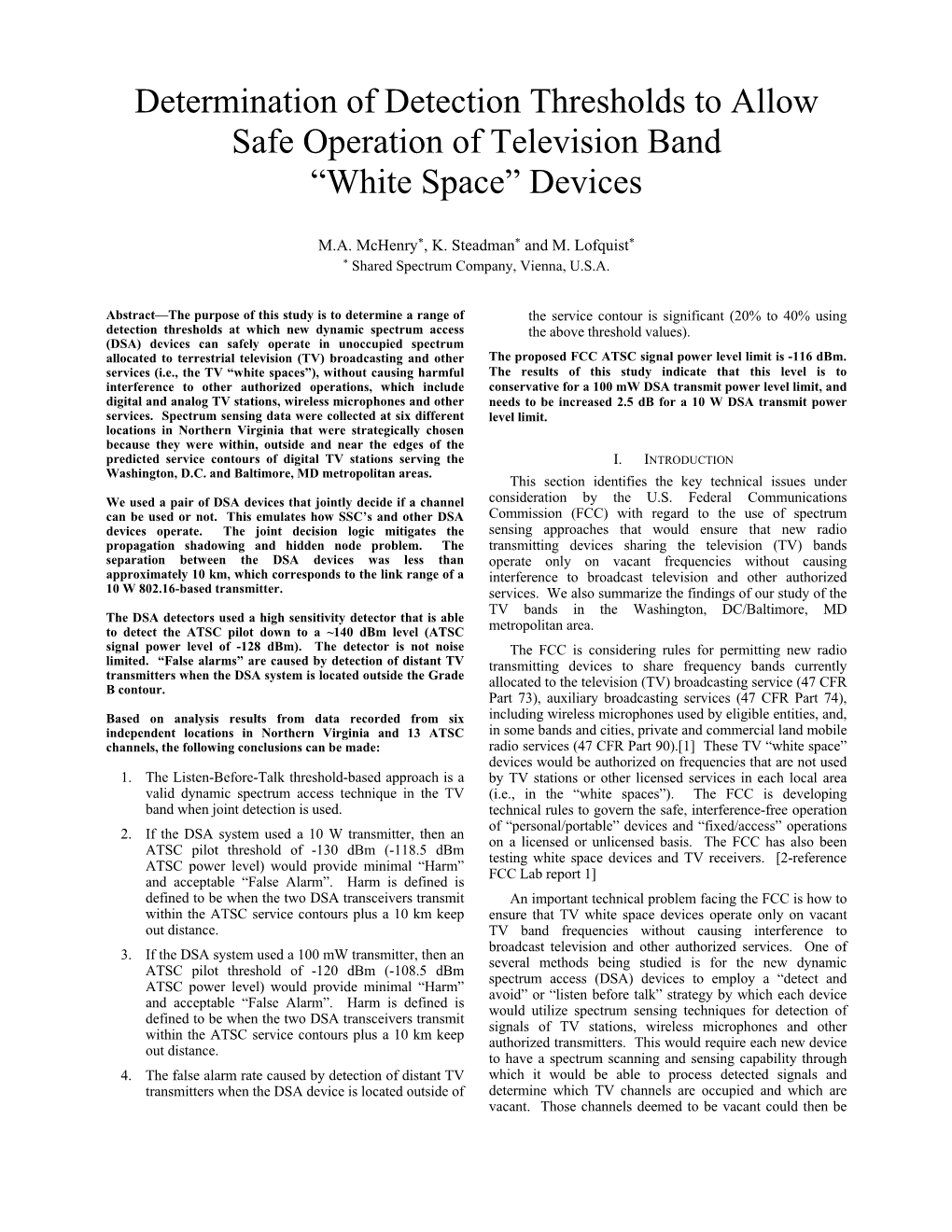 Determination of Detection Thresholds to Allow Safe Operation of Television Band “White Space” Devices
