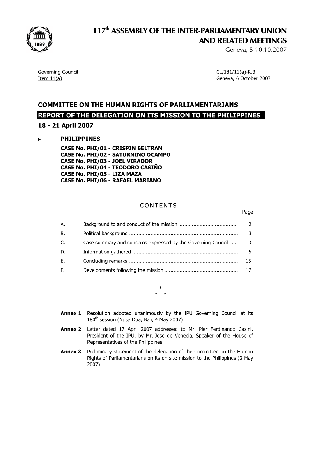 117Th ASSEMBLY of the INTER-PARLIAMENTARY UNION and RELATED MEETINGS