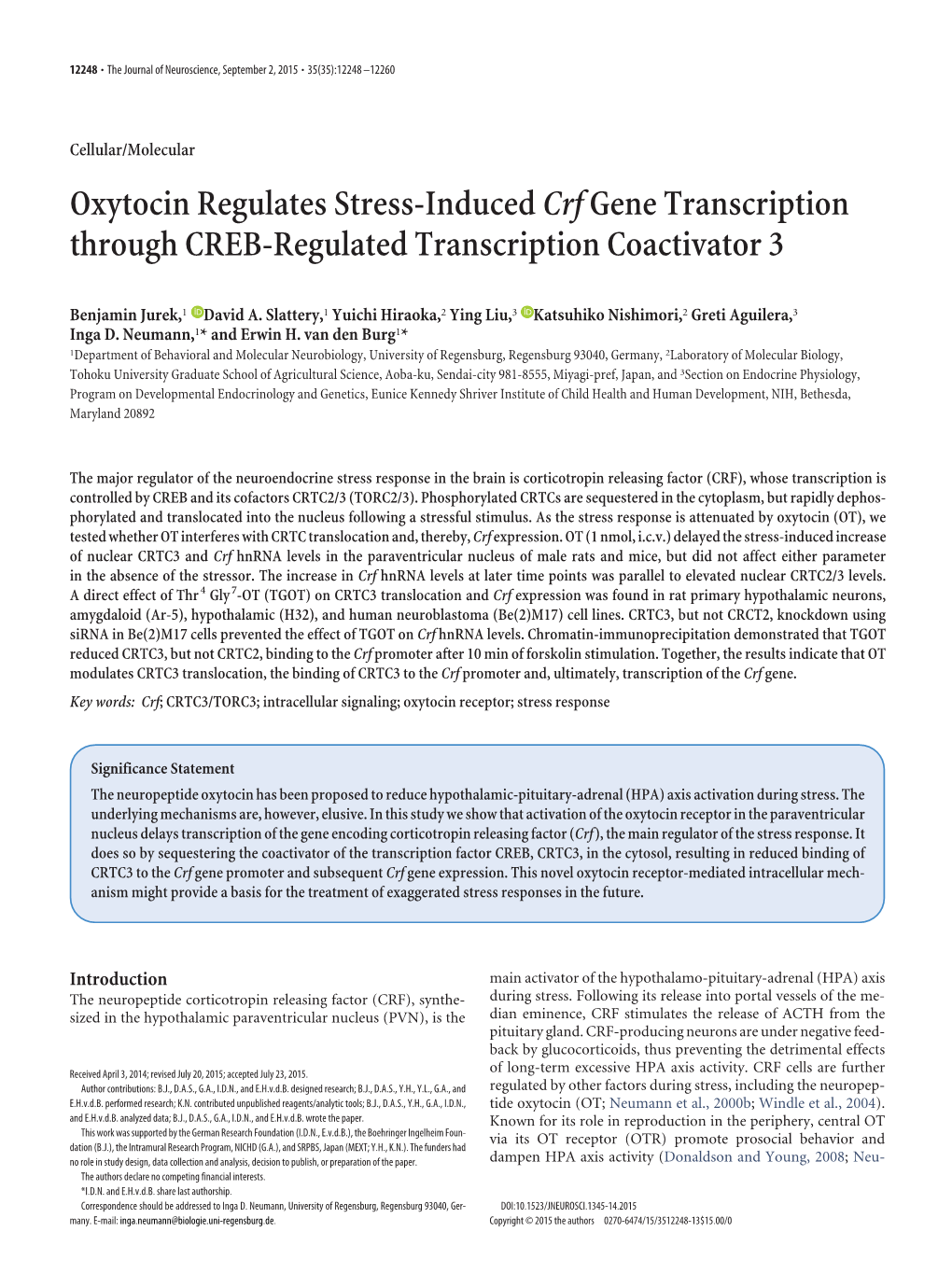 Oxytocin Regulates Stress-Inducedcrfgene