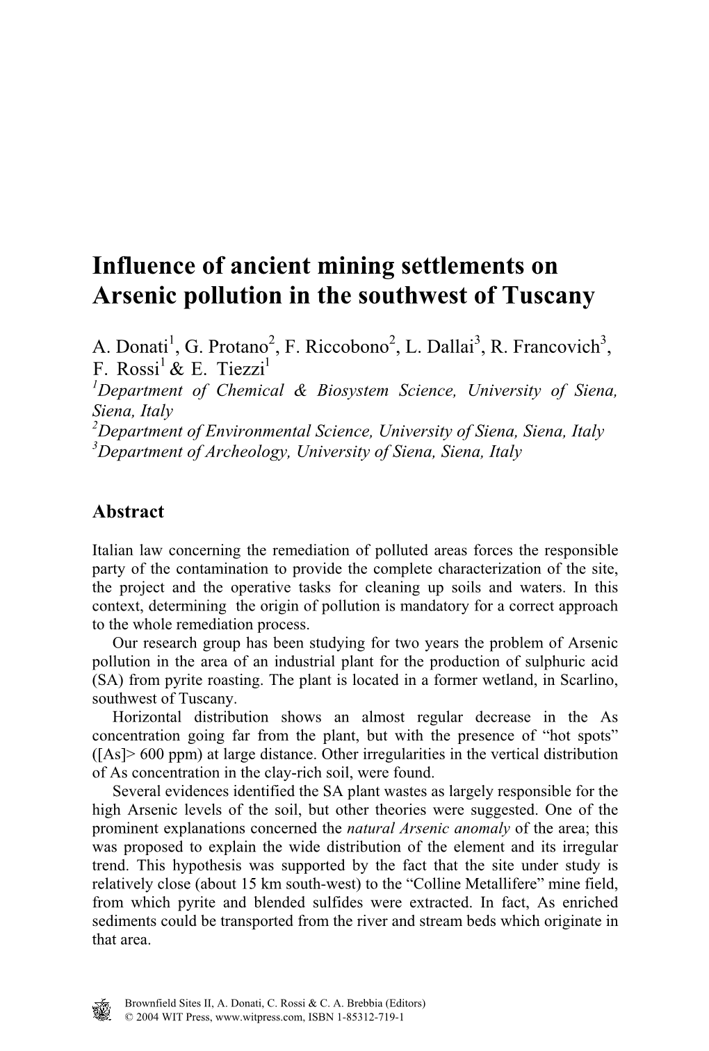 Influence of Ancient Mining Settlements on Arsenic Pollution in the Southwest of Tuscany