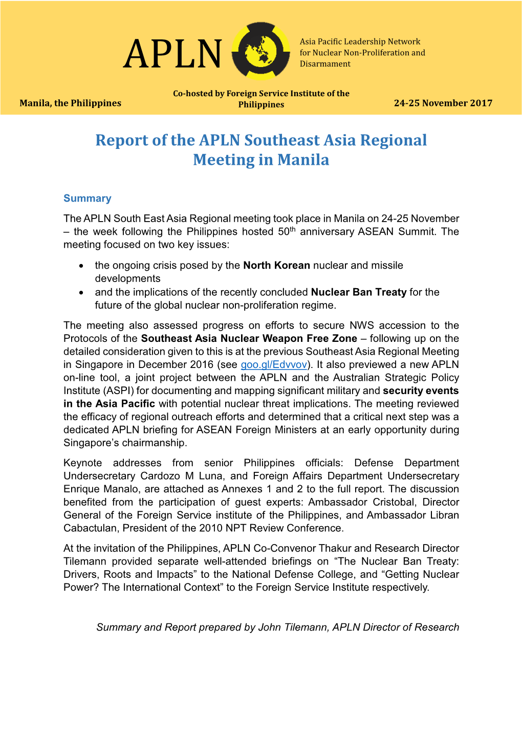Report of the APLN Southeast Asia Regional Meeting in Manila