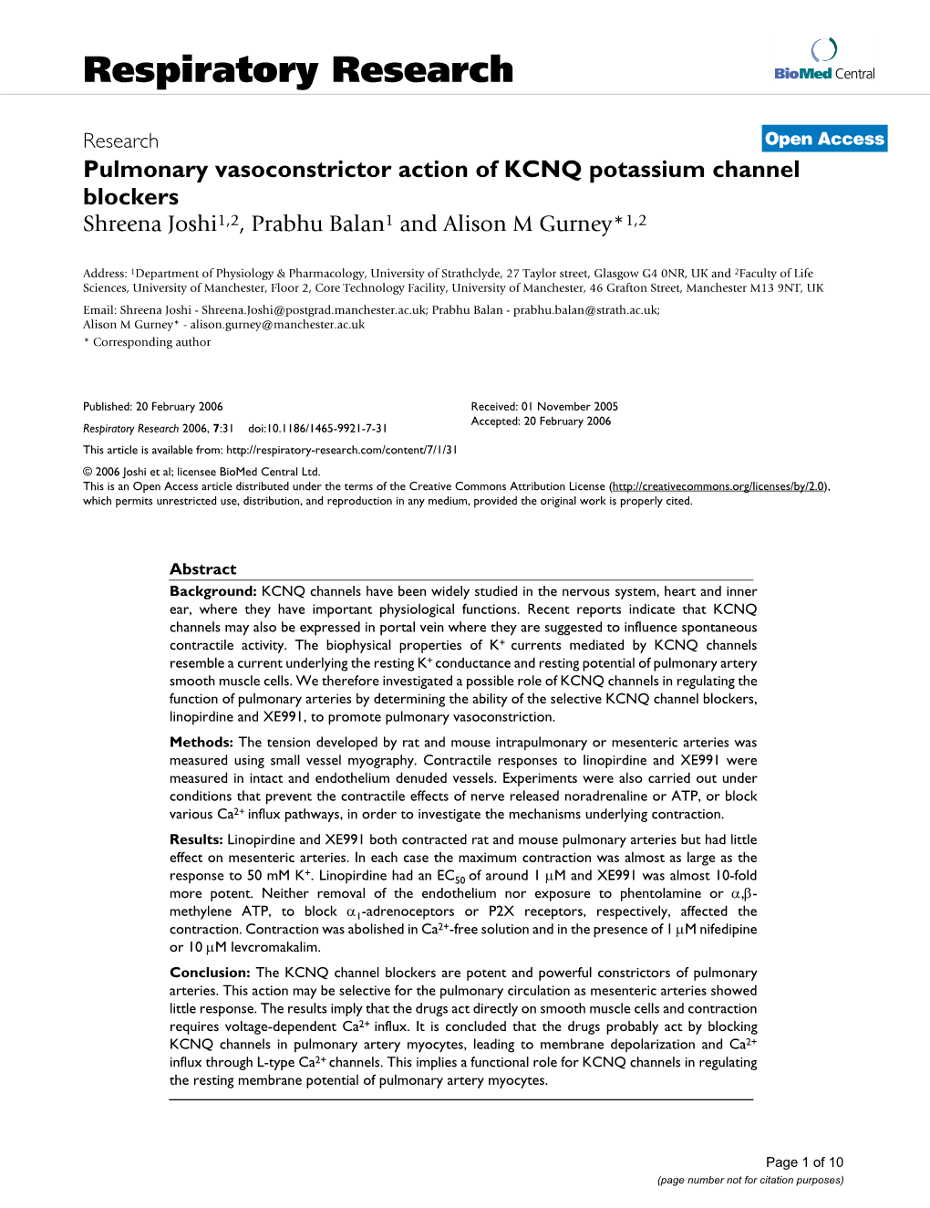 Pulmonary Vasoconstrictor Action of KCNQ Potassium Channel Blockers Shreena Joshi1,2, Prabhu Balan1 and Alison M Gurney*1,2