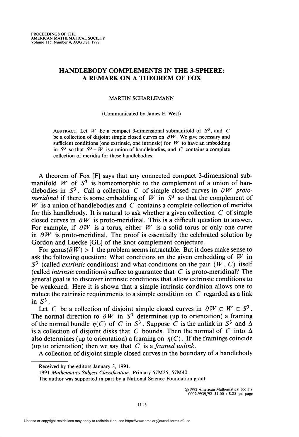 Handlebody Complements in the 3-Sphere: a Remark on a Theorem of Fox