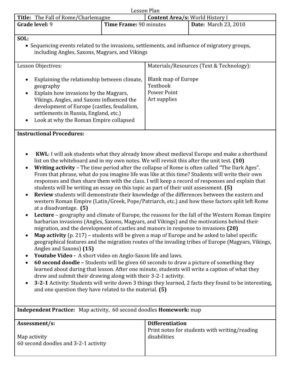 Content Area/S: World History I