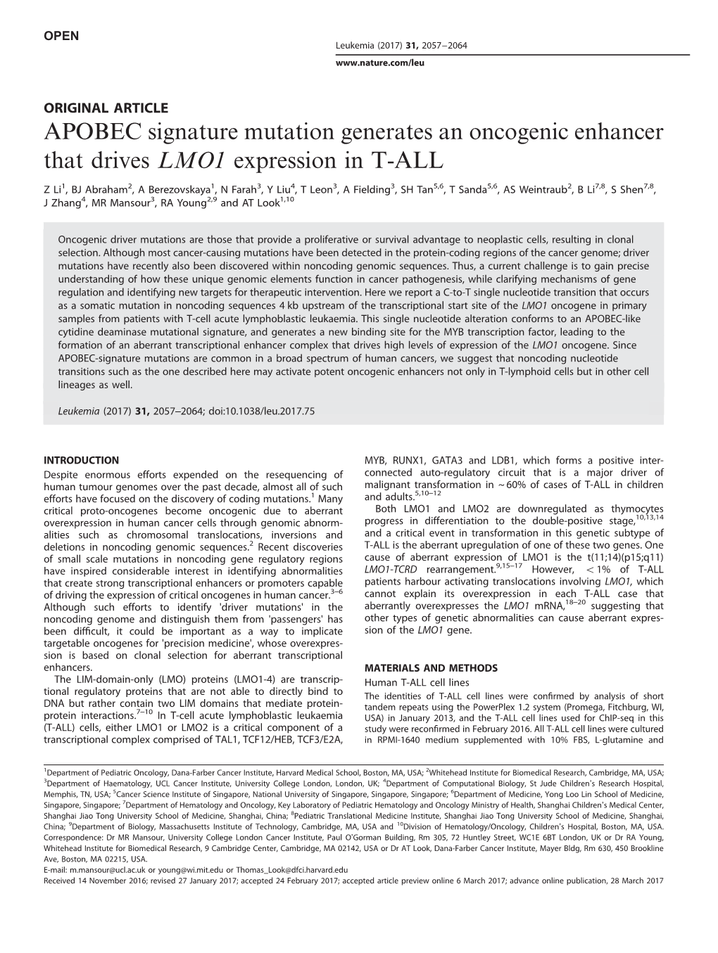 APOBEC Signature Mutation Generates an Oncogenic Enhancer That Drives LMO1 Expression in T-ALL