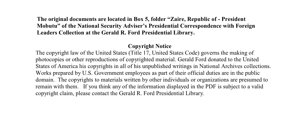 President Mobutu” of the National Security Adviser’S Presidential Correspondence with Foreign Leaders Collection at the Gerald R