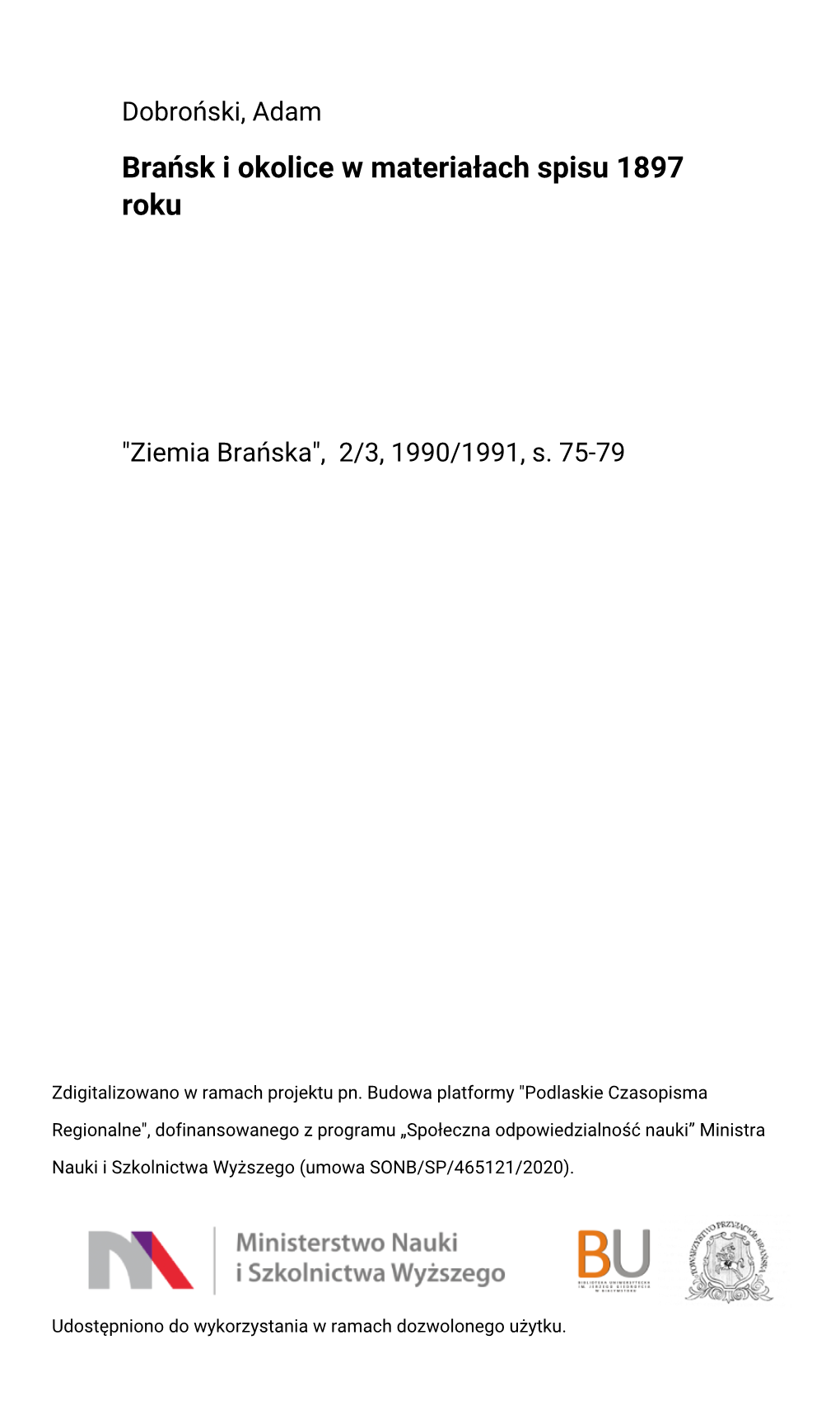 Brańsk I Okolice W Materiałach Spisu 1897 Roku