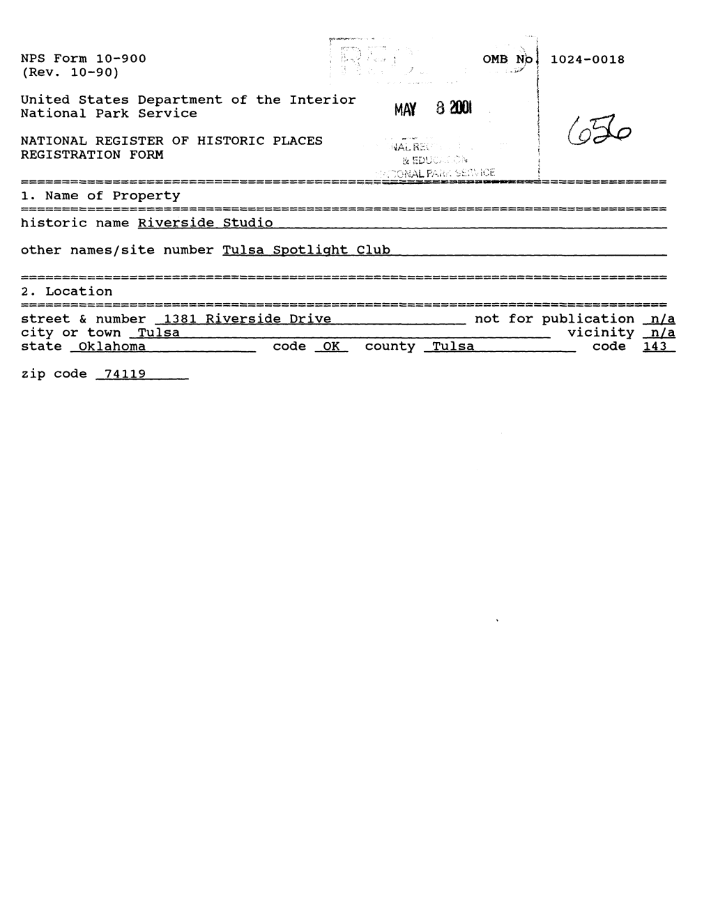 United States Department of the Interior V National Park Service MAY 1. Name of Property Historic Name Riverside Studio Other Na