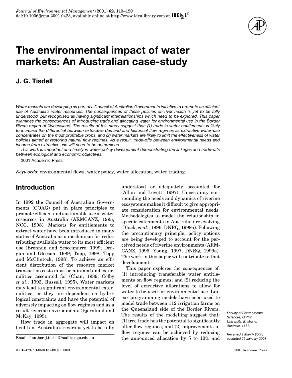 The Environmental Impact of Water Markets: an Australian Case-Study