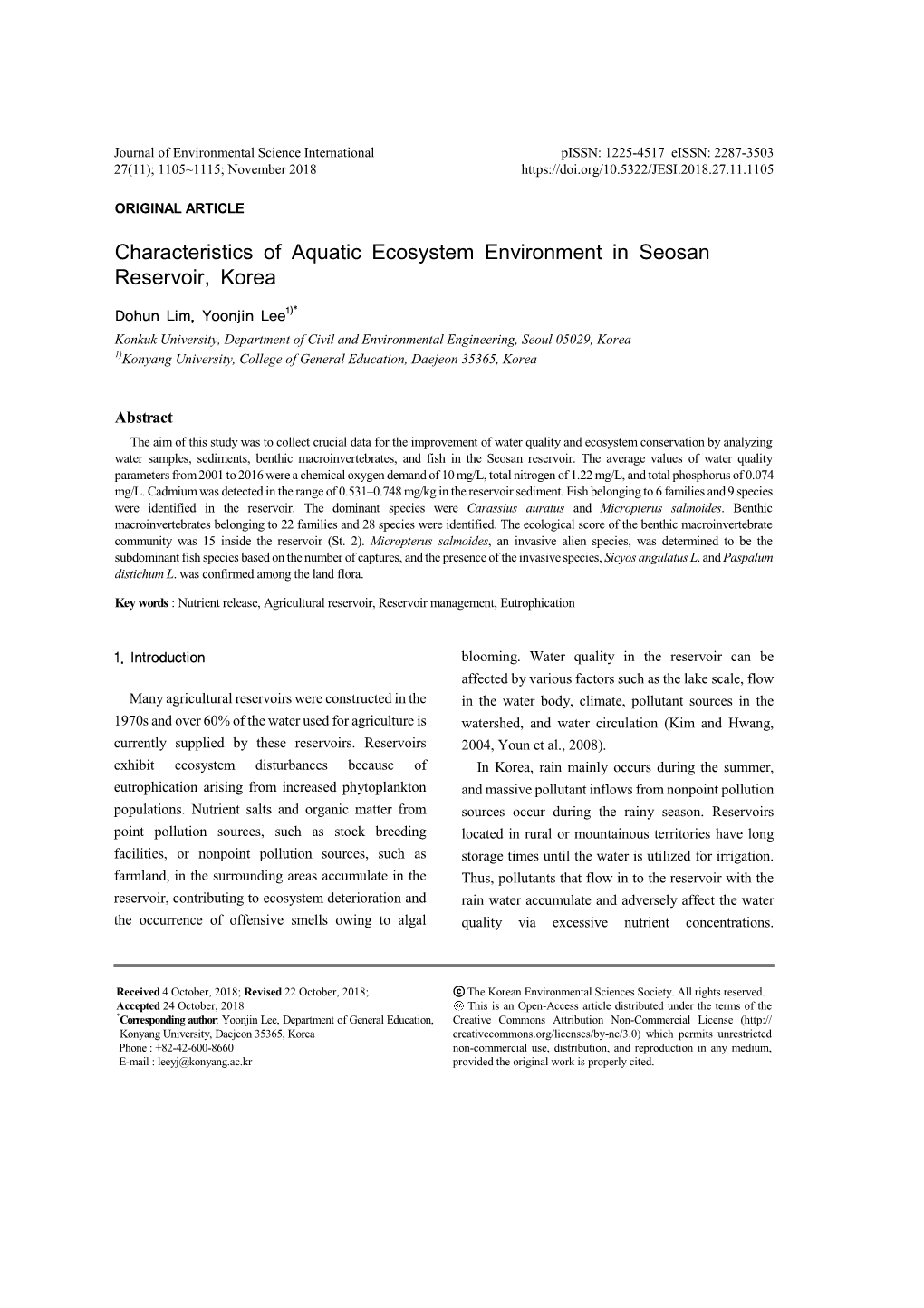 Characteristics of Aquatic Ecosystem Environment in Seosan Reservoir, Korea