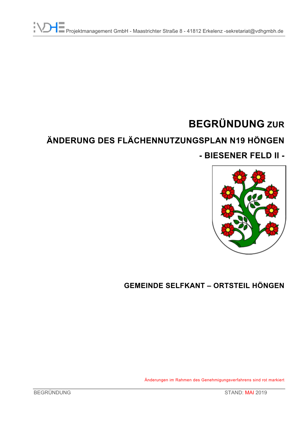 Begründung Zur Änderung Des Flächennutzungsplan N19 Höngen - Biesener Feld Ii