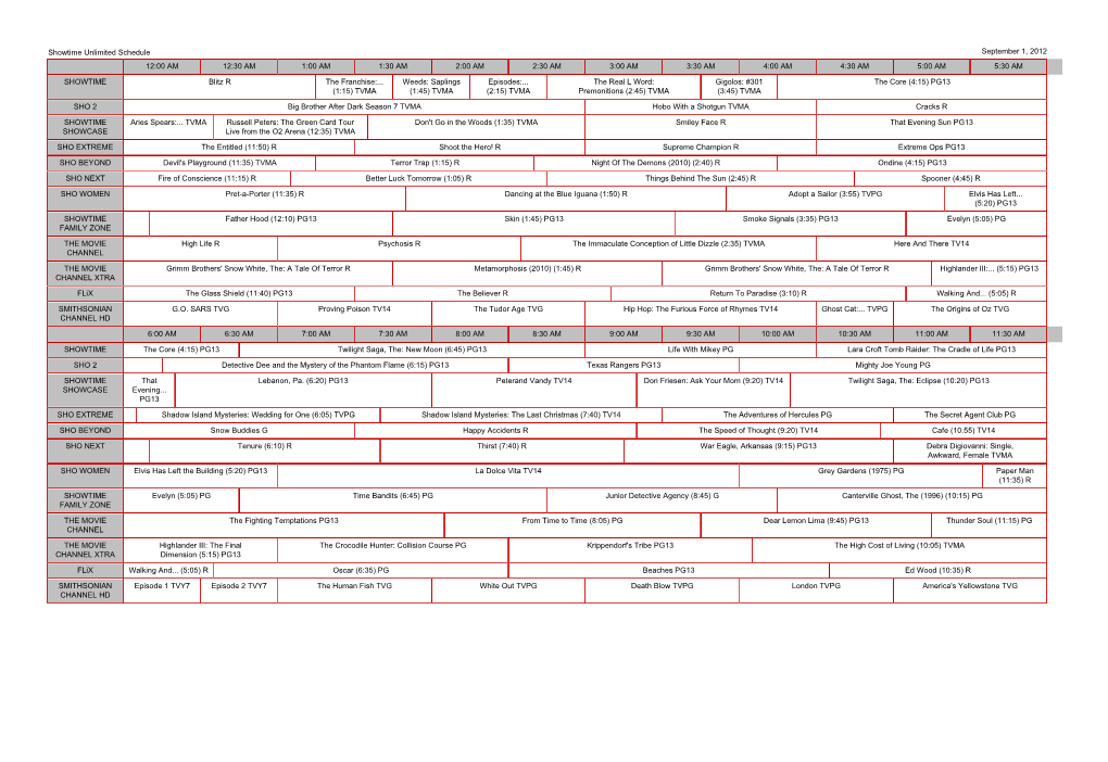 Showtime Unlimited Schedule September 1, 2012 12:00 AM 12:30 AM 1:00 AM 1:30 AM 2:00 AM 2:30 AM 3:00 AM 3:30 AM 4:00 AM 4:30 AM 5:00 AM 5:30 AM