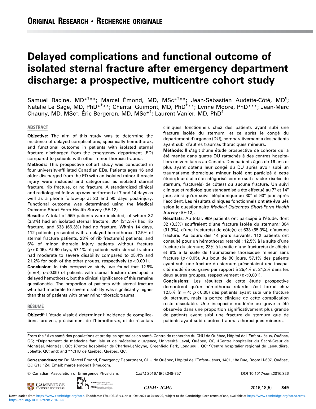 Delayed Complications and Functional Outcome of Isolated Sternal Fracture After Emergency Department Discharge: a Prospective, Multicentre Cohort Study