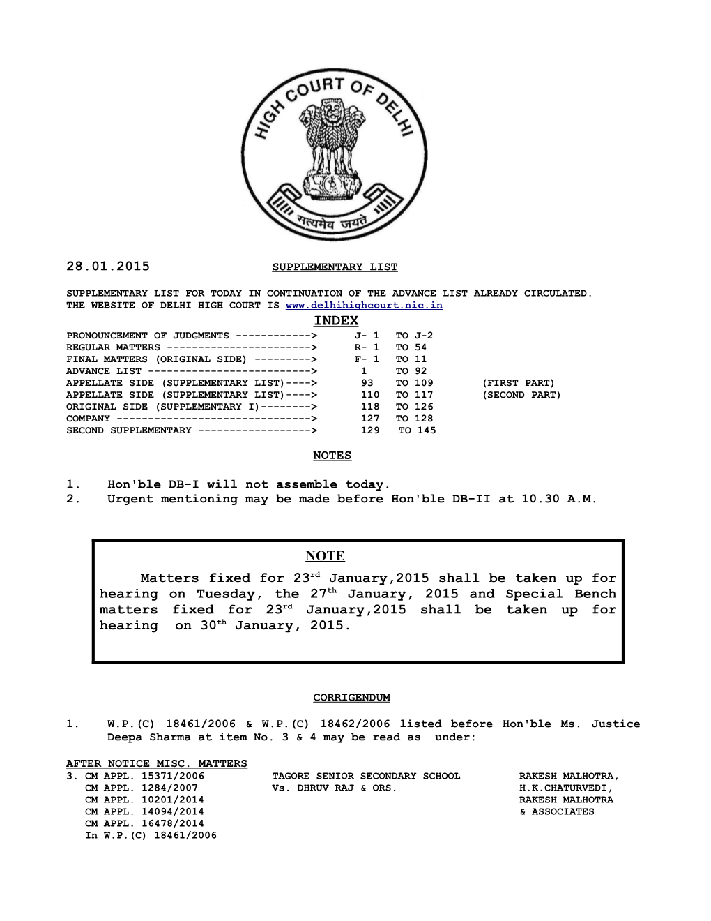 28.01.2015 NOTE Matters Fixed for 23Rd January,2015 Shall Be Taken