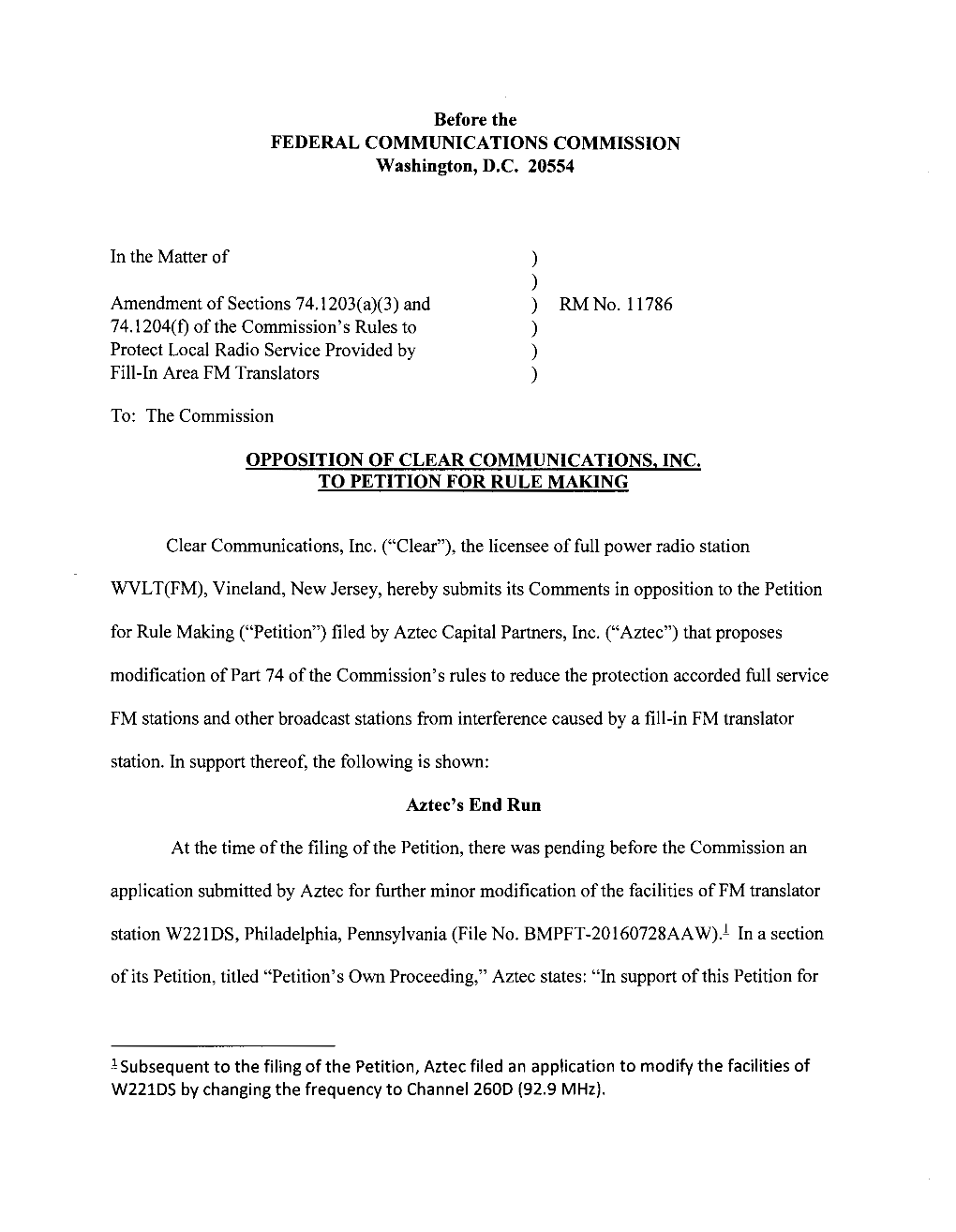 Opposition of Clear Communications, Inc. to Petition for Rulemaking.Pdf