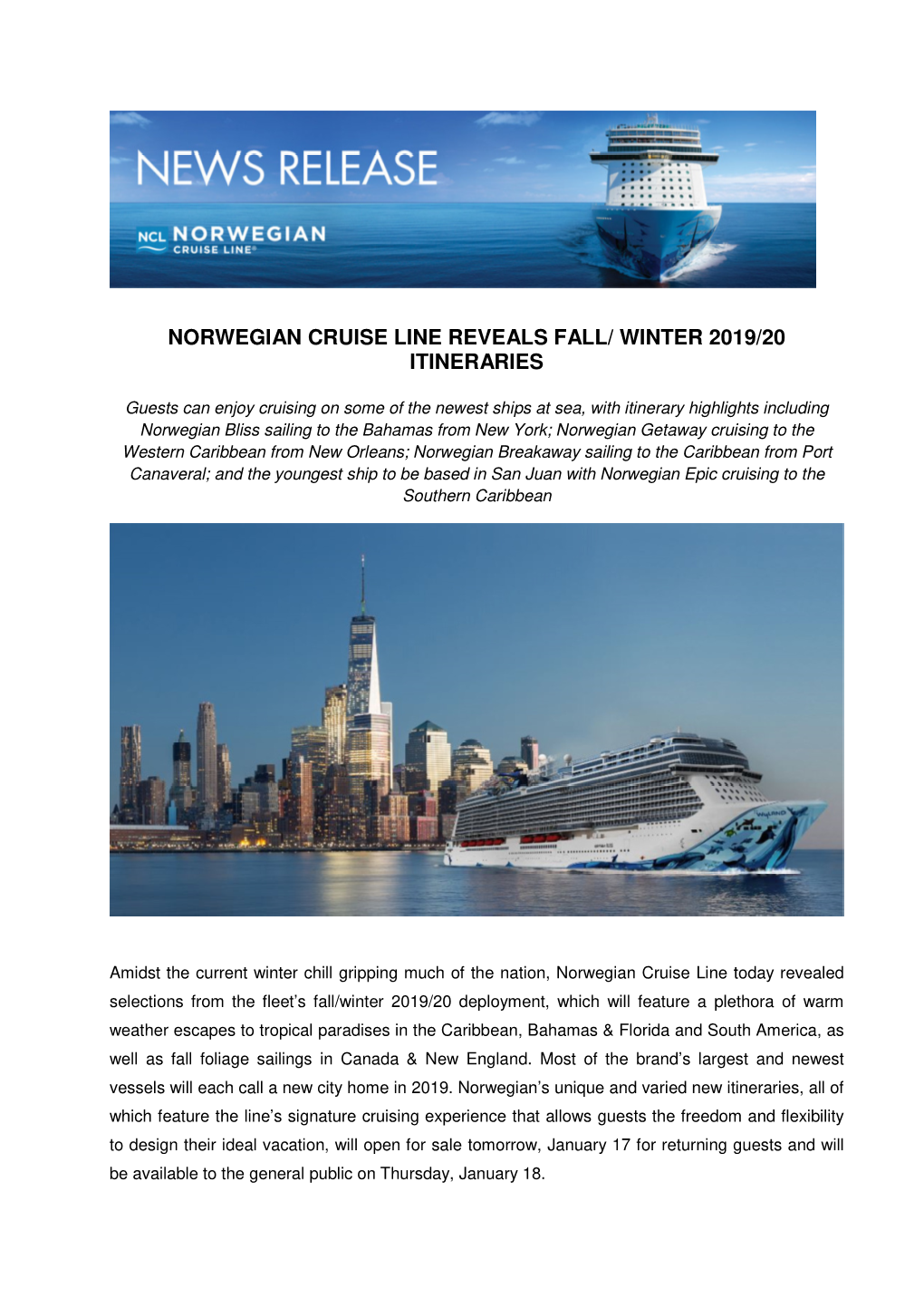 Norwegian Cruise Line Winter 2019 2020
