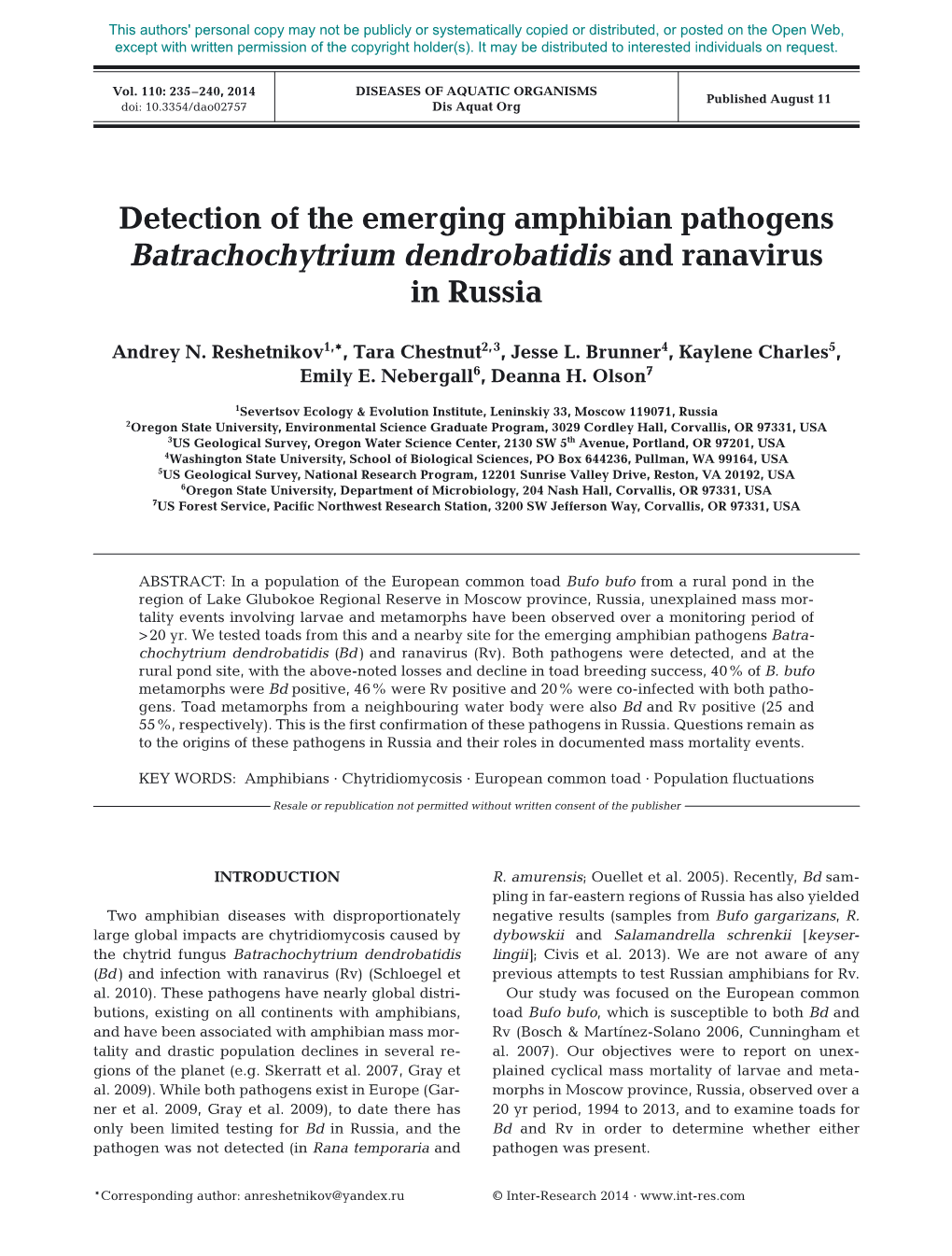 Detection of the Emerging Amphibian Pathogens Batrachochytrium Dendrobatidis and Ranavirus in Russia