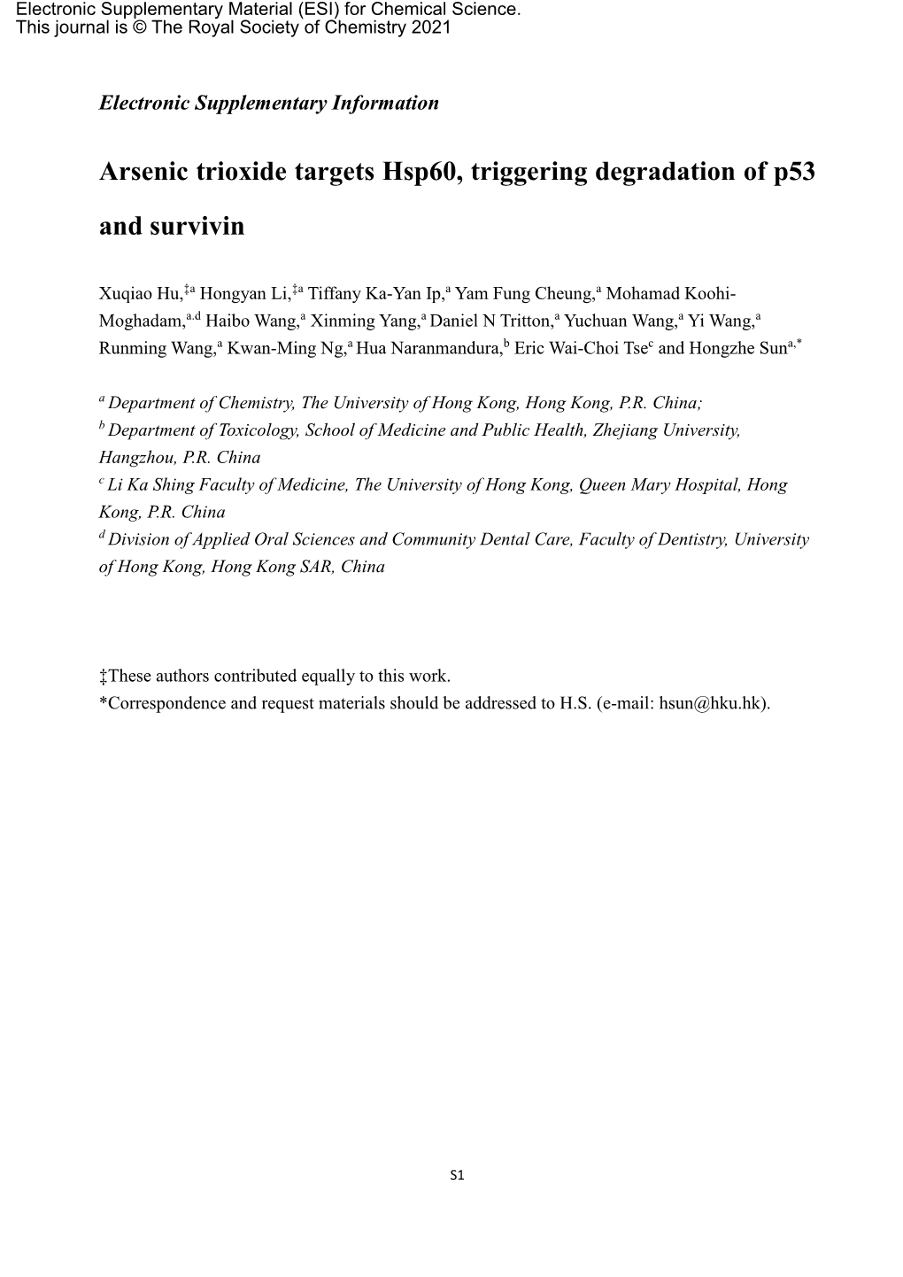 Arsenic Trioxide Targets Hsp60, Triggering Degradation of P53 and Survivin