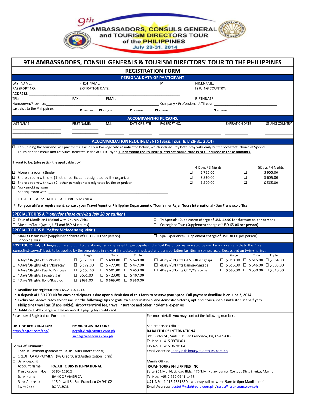 9Th Ambassadors, Consul Generals & Tourism Directors' Tour to the Philippines Registration Form Personal Data of Participant Last Name: ______First Name: ______M.I