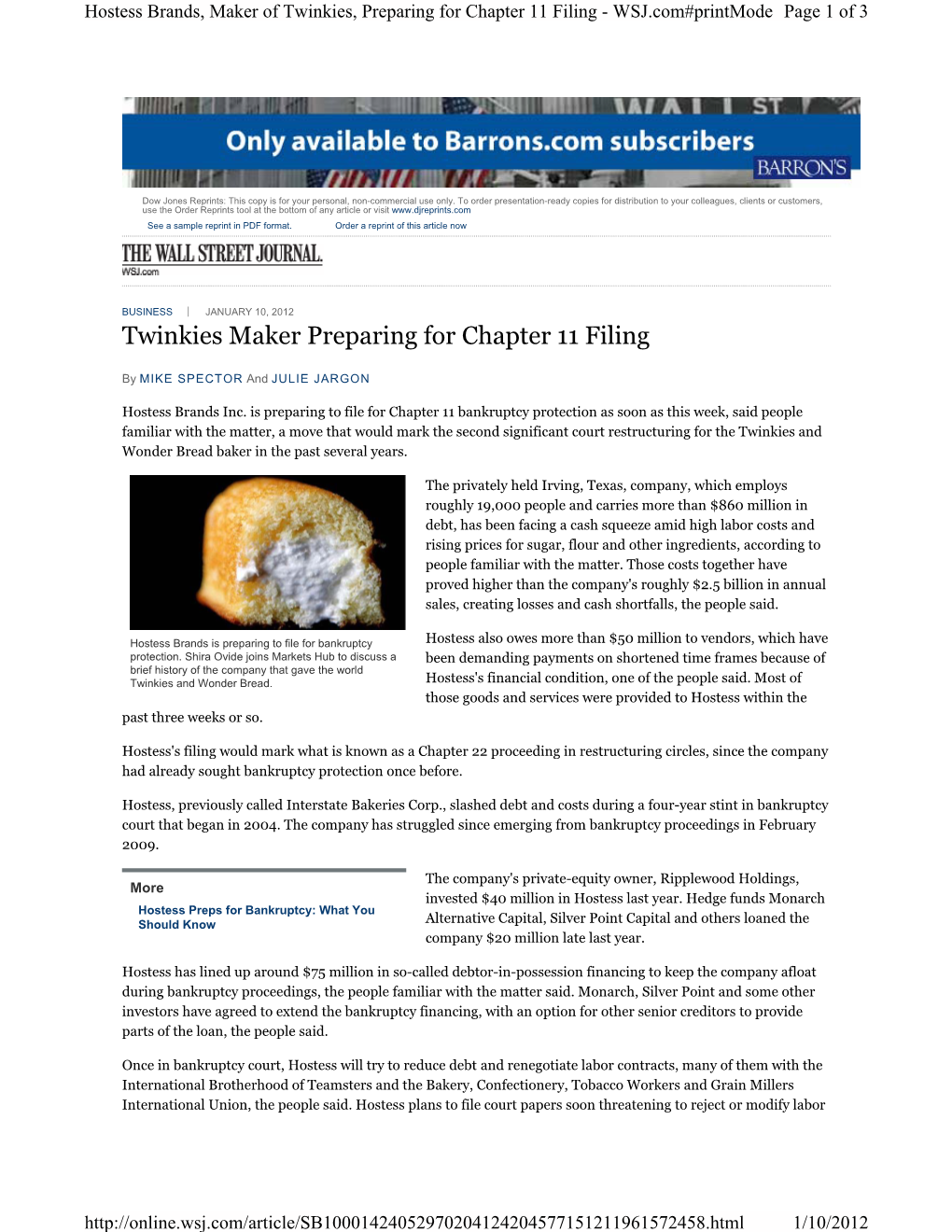 Twinkies Maker Preparing for Chapter 11 Filing