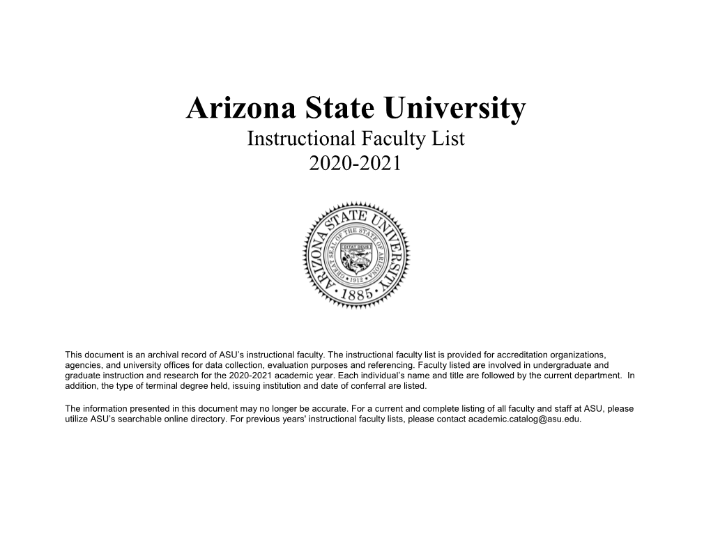 Arizona State University Instructional Faculty List 2020-2021