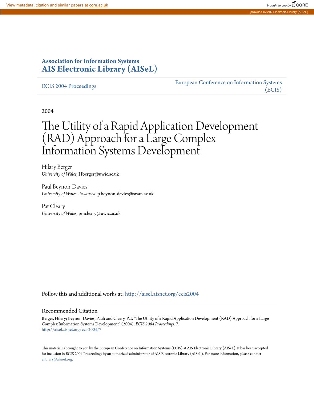 The Utility of a Rapid Application Development (Rad) Approach for a Large Complex Information Systems Development