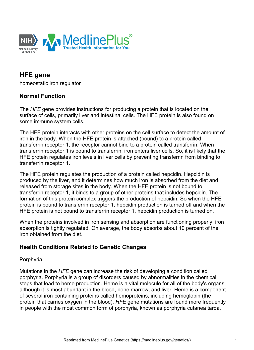 HFE Gene Homeostatic Iron Regulator