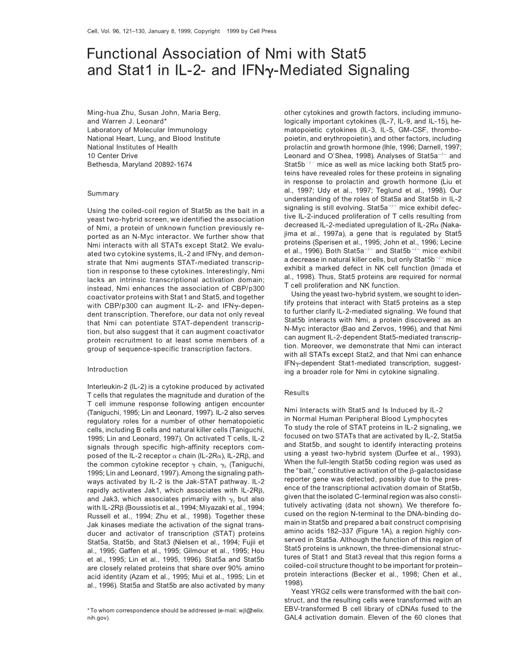 Functional Association of Nmi with Stat5 and Stat1 in IL-2- and IFN␥-Mediated Signaling