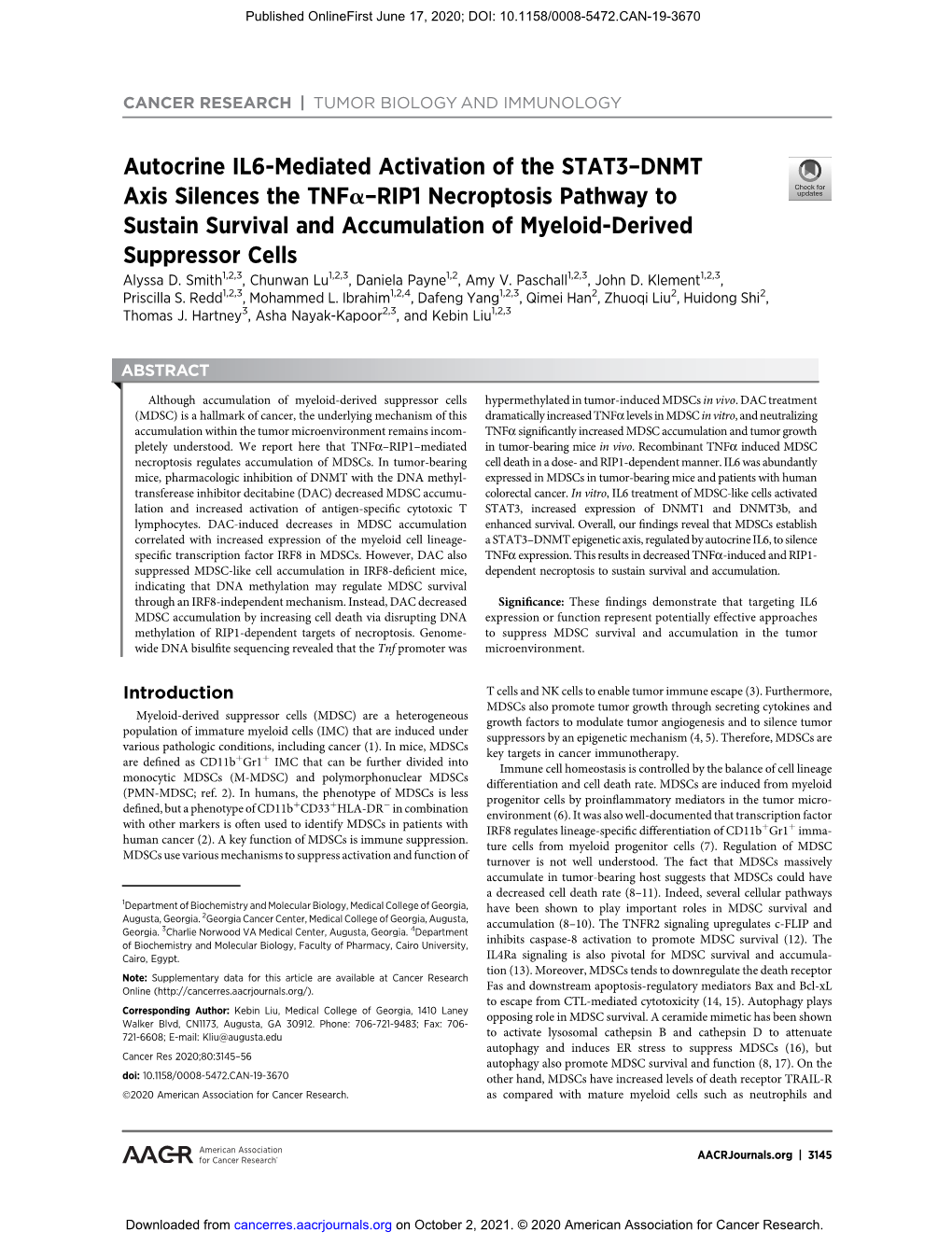 Autocrine IL6-Mediated Activation of the STAT3–DNMT Axis Silences the Tnfa–RIP1 Necroptosis Pathway to Sustain Survival