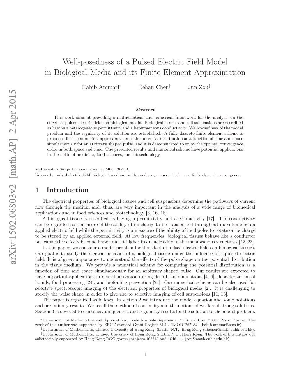 Well-Posedness of a Pulsed Electric Field Model in Biological Media And