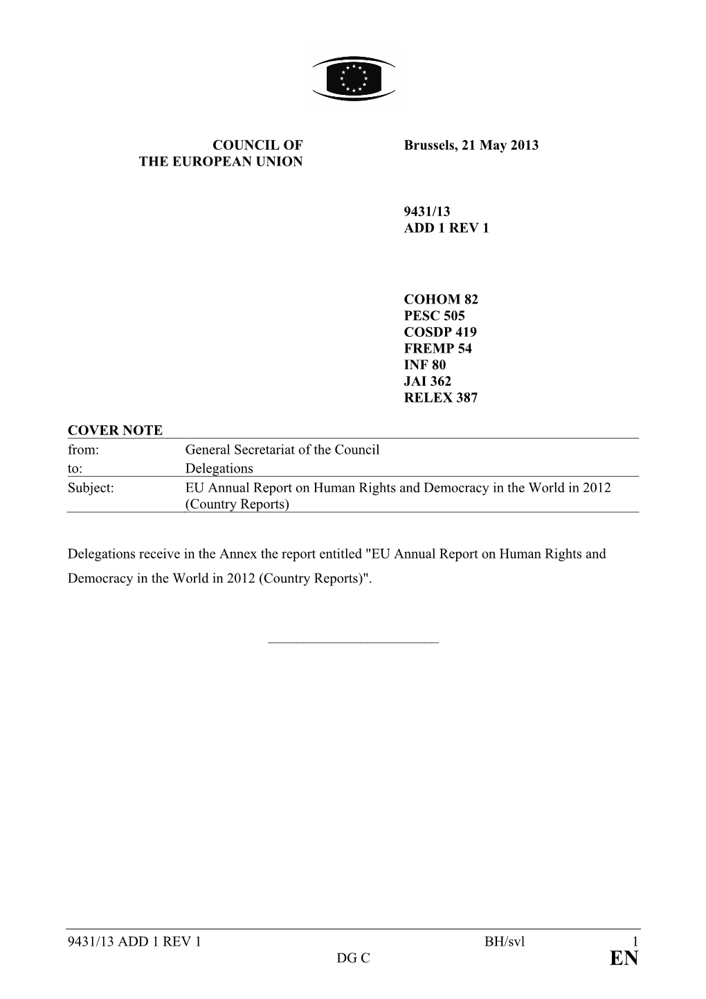 EU Annual Report on Human Rights and Democracy in the World in 2012 (Country Reports)