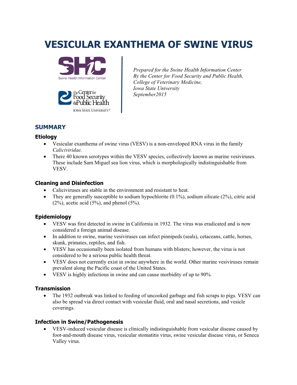 Vesicular Exanthema of Swine Virus