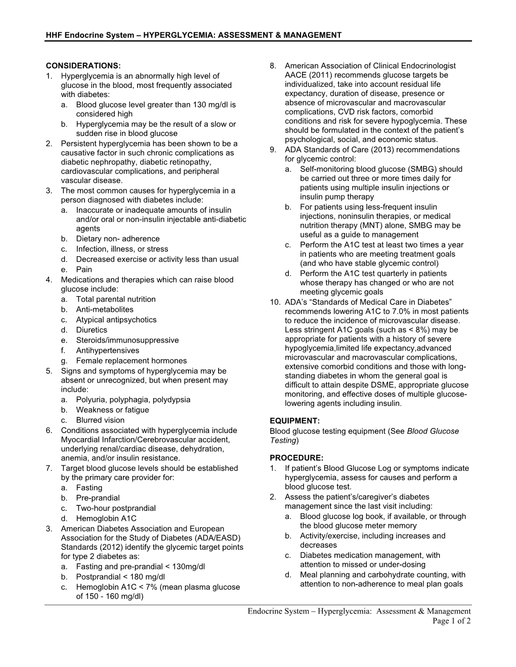 Endocrine System – Hyperglycemia: Assessment & Management Page 1