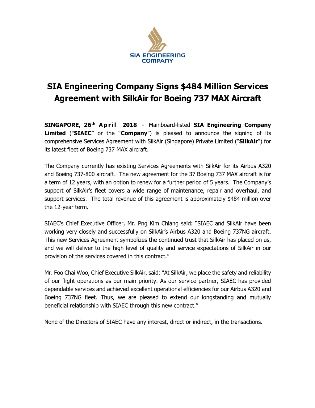 SIA Engineering Company Signs $484 Million Services Agreement with Silkair for Boeing 737 MAX Aircraft