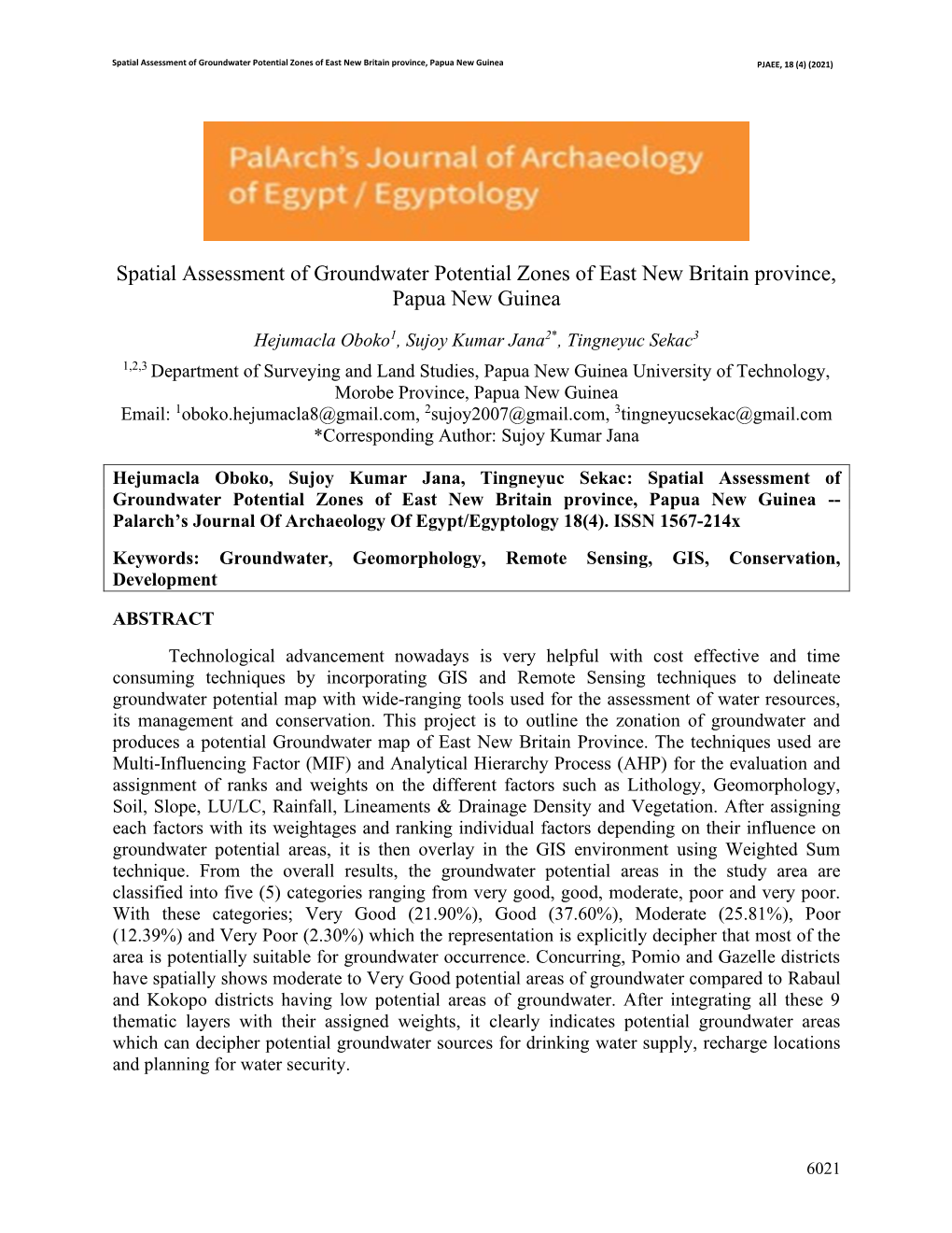 Spatial Assessment of Groundwater Potential Zones of East New Britain Province, Papua New Guinea PJAEE, 18 (4) (2021)