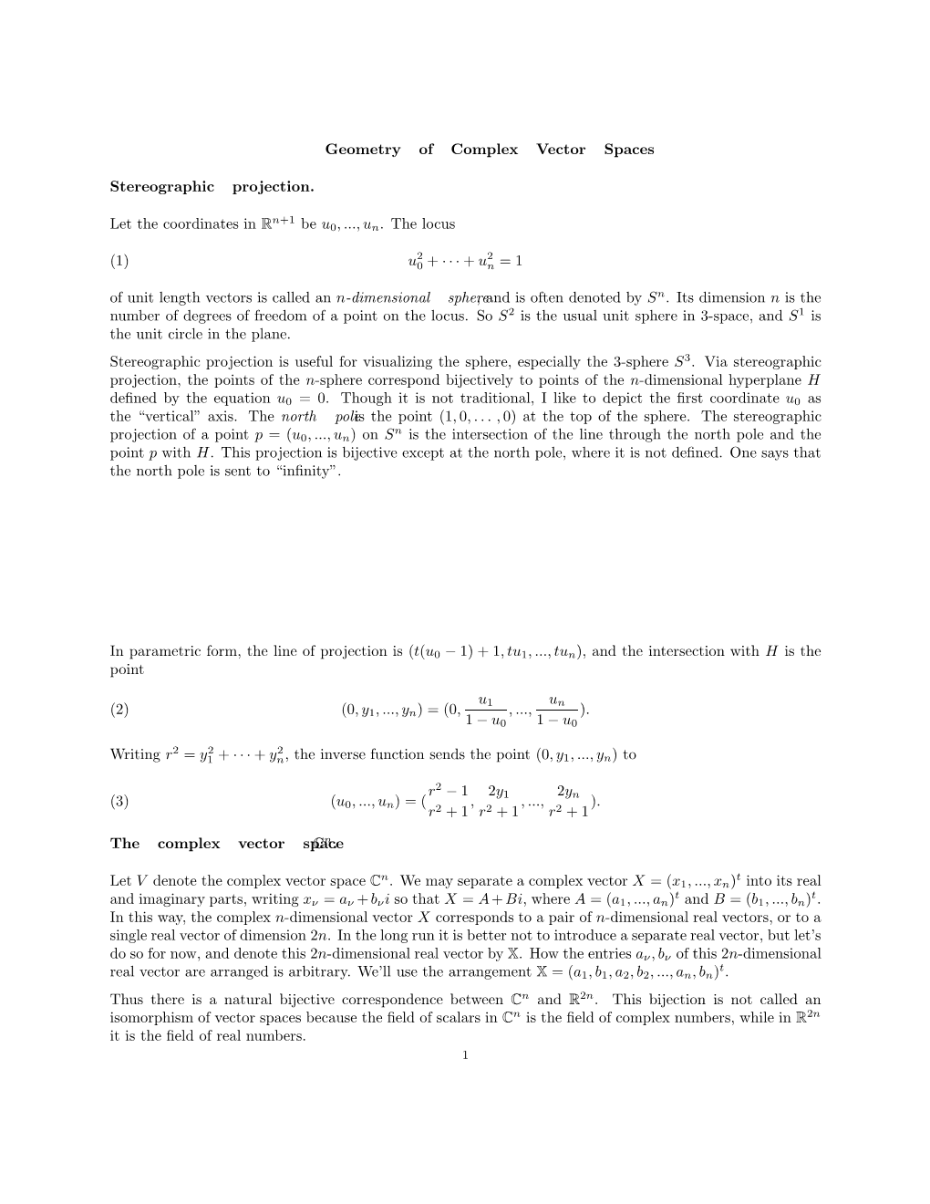 Geometry of Complex Vector Spaces Stereographic