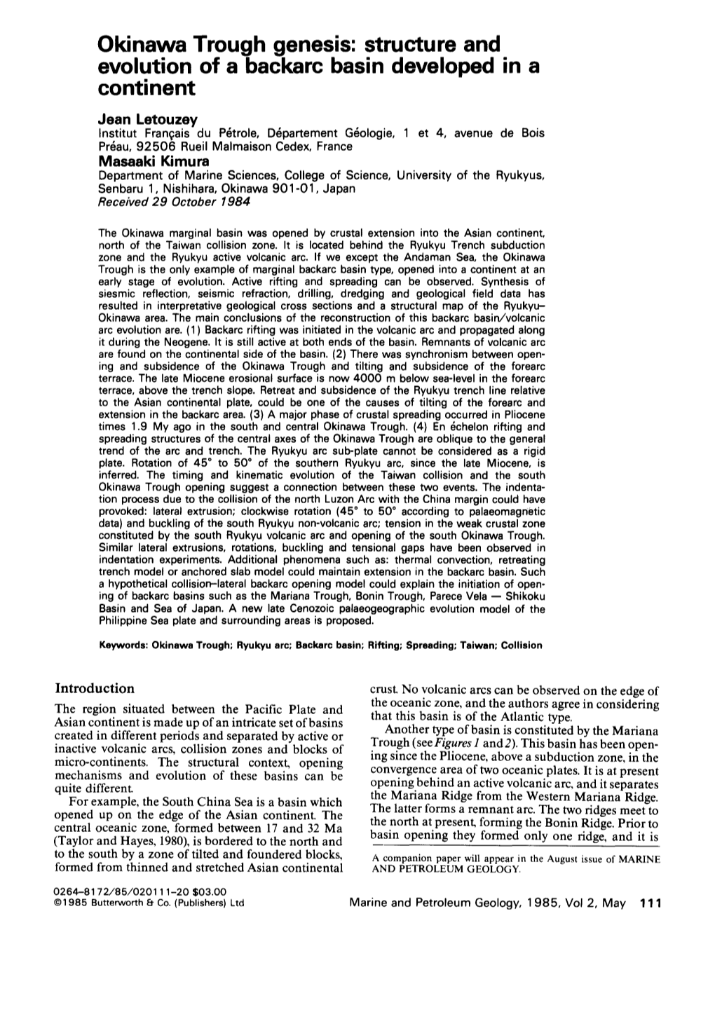 Okinawa Trough Genesis: Structure and Evolution of a Backarc Basin