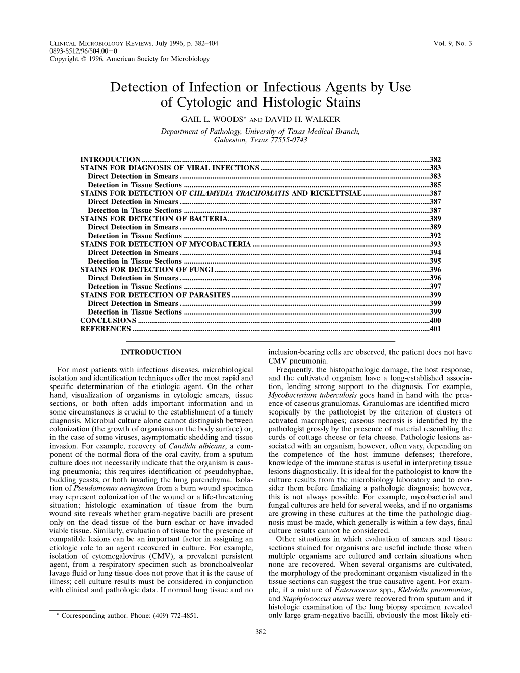 Detection of Infection Or Infectious Agents by Use of Cytologic and Histologic Stains