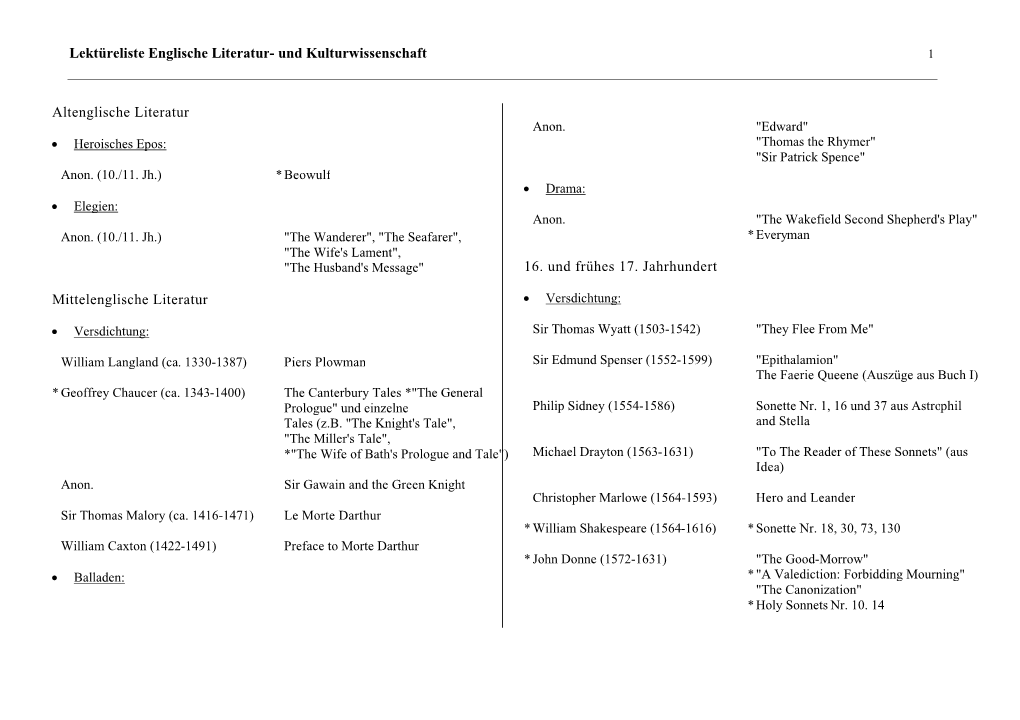 Lektüreliste Englische Literatur- Und Kulturwissenschaft 1