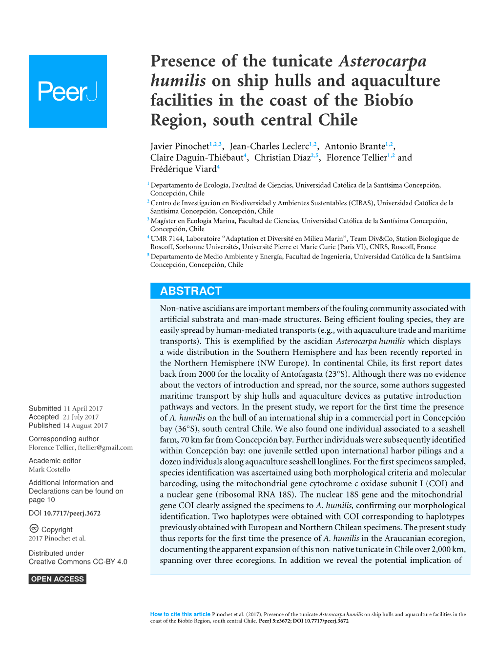 Presence of the Tunicate Asterocarpa Humilis on Ship Hulls and Aquaculture Facilities in the Coast of the Biobío Region, South Central Chile