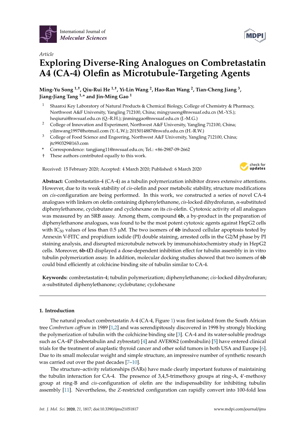 Exploring Diverse-Ring Analogues on Combretastatin A4 (CA-4) Oleﬁn As Microtubule-Targeting Agents