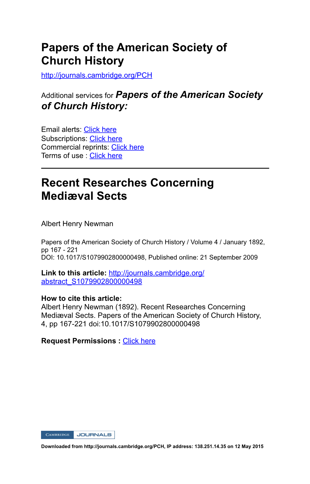 Papers of the American Society of Church History Recent Researches