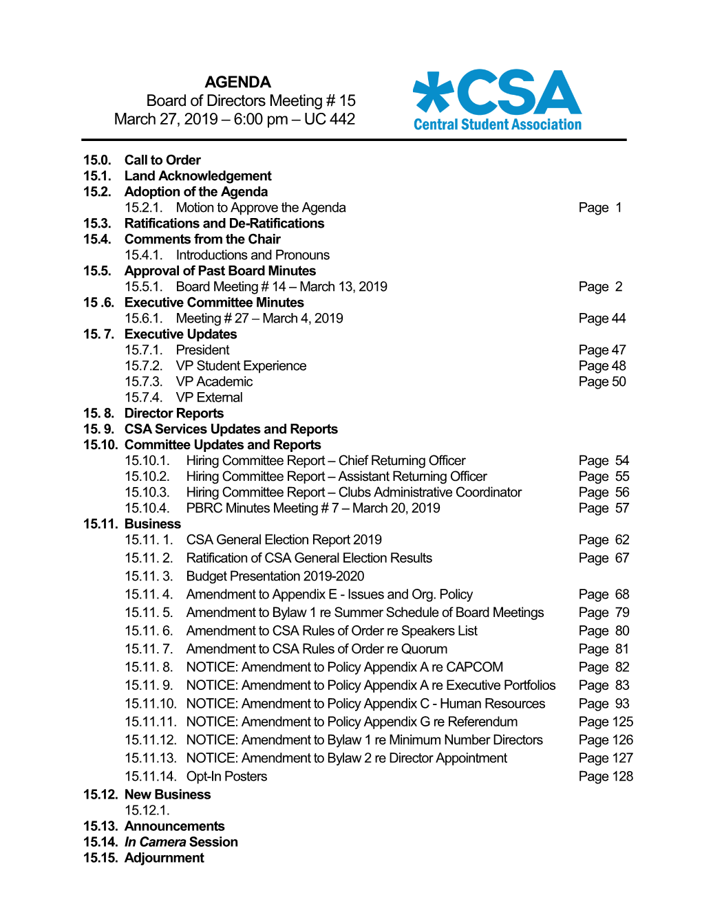 AGENDA Board of Directors Meeting # 15 March 27, 2019 – 6:00 Pm – UC 442