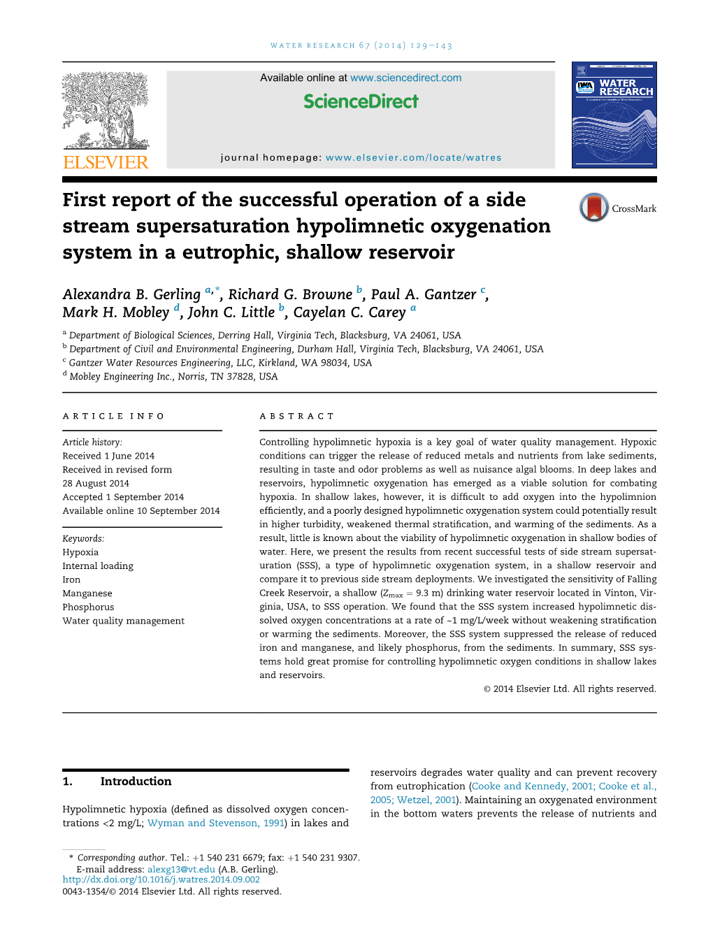 First Report of the Successful Operation of a Side Stream Supersaturation Hypolimnetic Oxygenation System in a Eutrophic, Shallow Reservoir