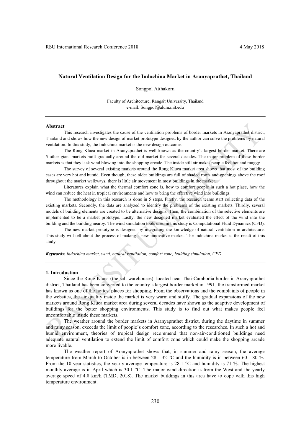 230 Natural Ventilation Design for the Indochina Market in Aranyaprathet, Thailand