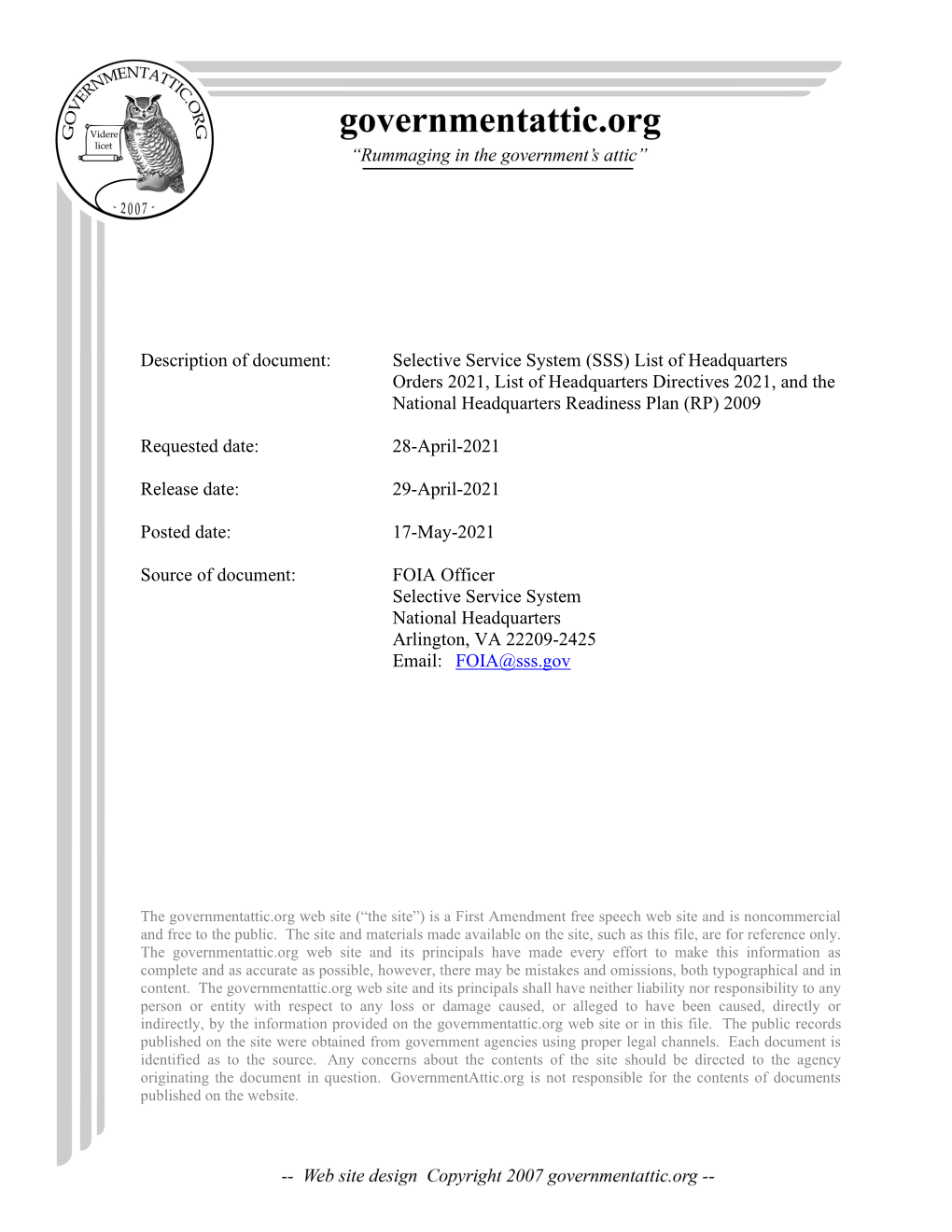 Selective Service System (SSS) List of Headquarters Orders 2021, List of Headquarters Directives 2021, and the National Headquarters Readiness Plan (RP) 2009