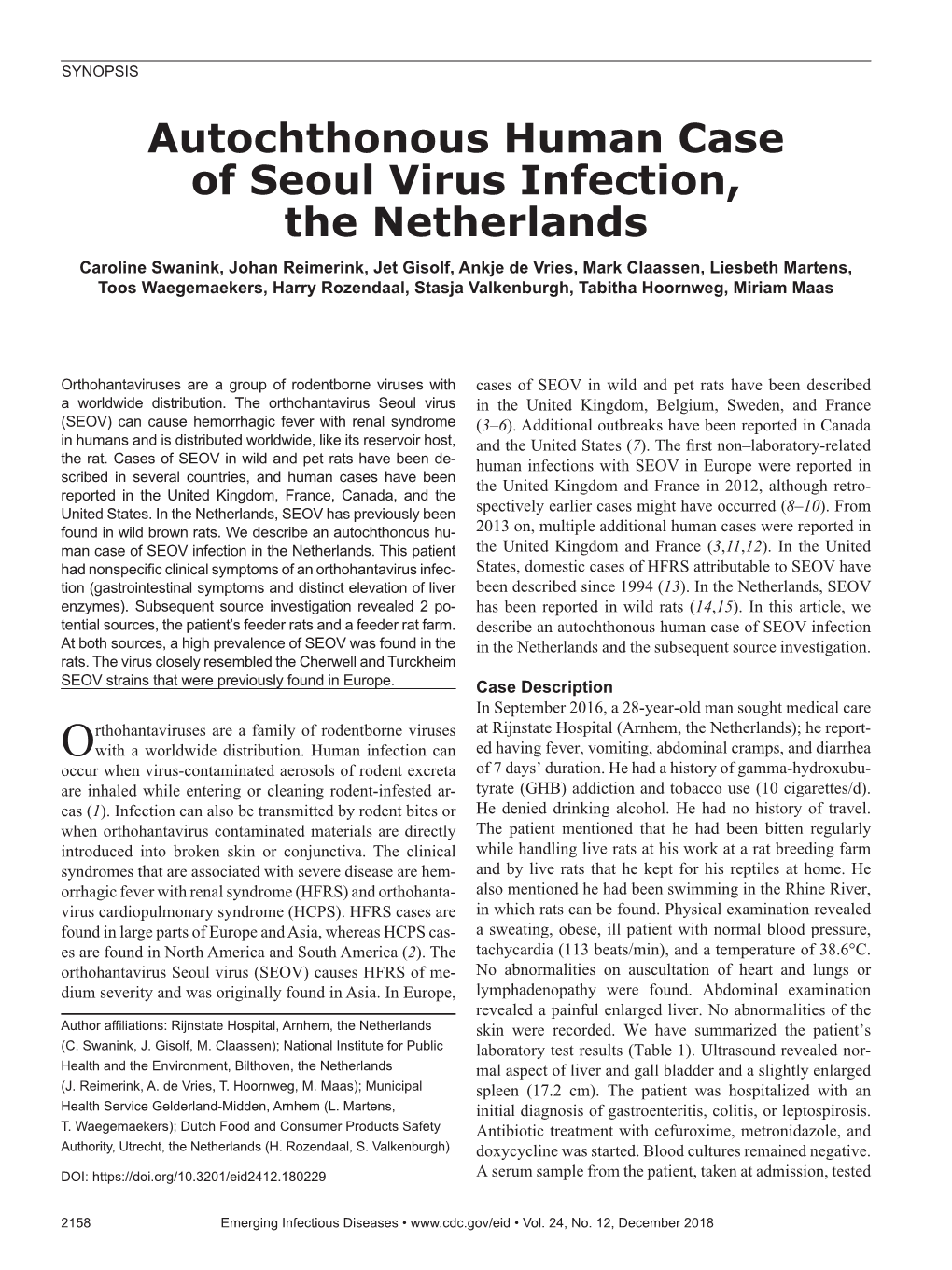 Autochthonous Human Case of Seoul Virus Infection, the Netherlands