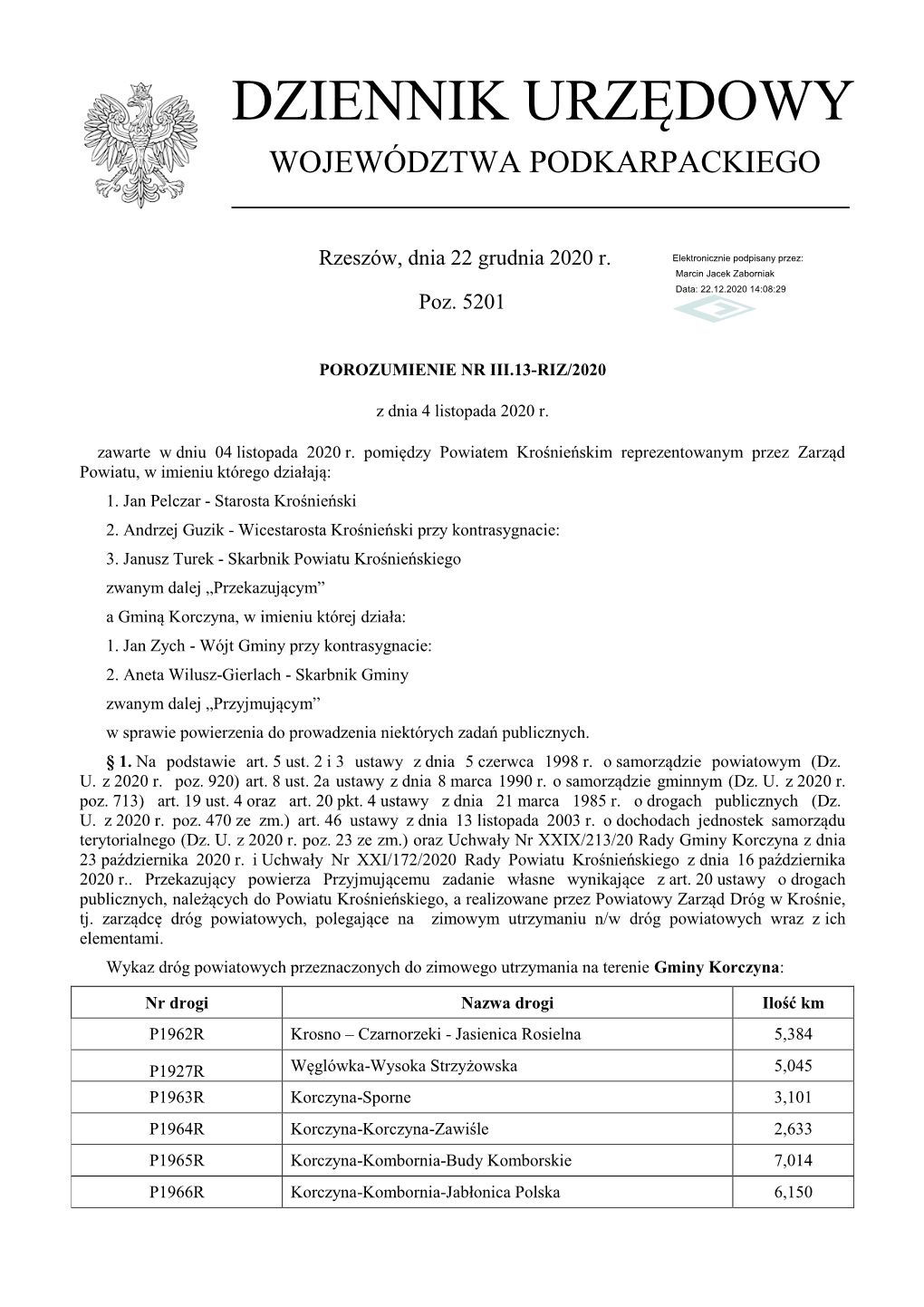 Porozumienie Nr III.13-RIZ/2020 Z Dnia 4 Listopada 2020 R